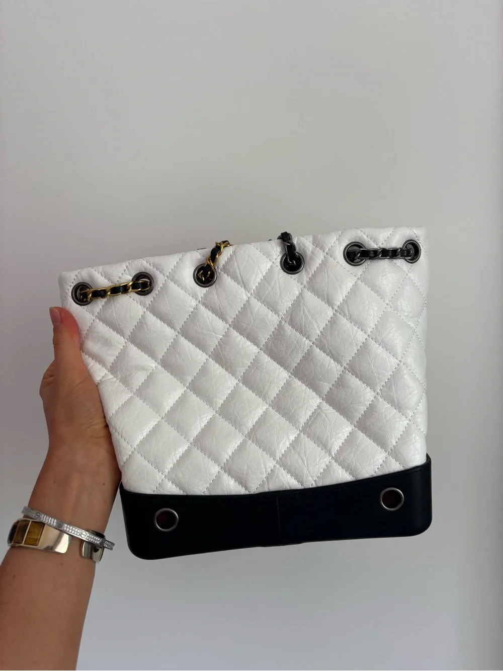 CHANEL White Quilted Leather Tote with Black Base and Mixed Metal Chain Straps